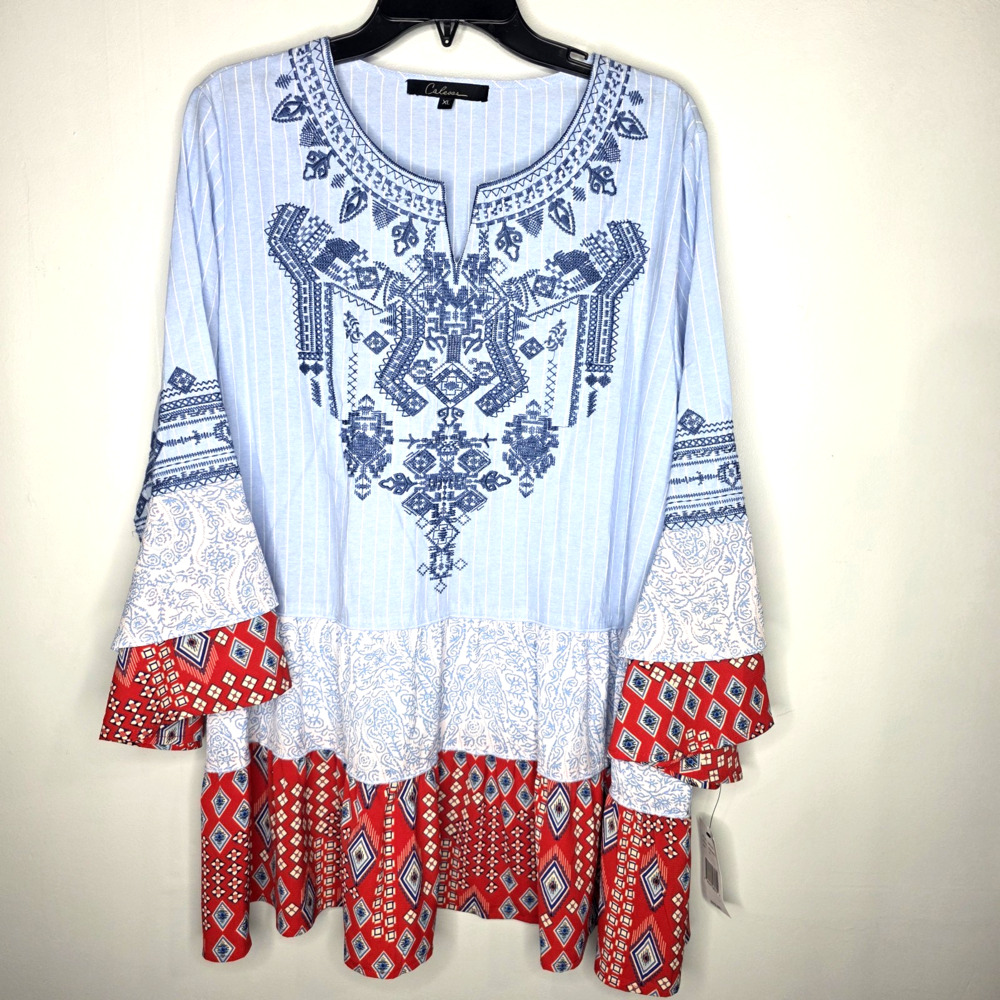 Calessa Womens XL Tunic Blue Red Floral Mixed Print Bell Sleeves Embroidered